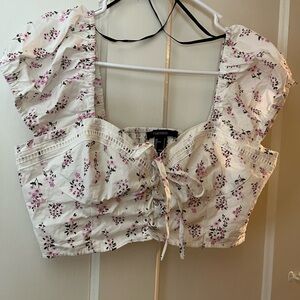 Forever 21 Floral Lace-Up Crop Top - White and Pink